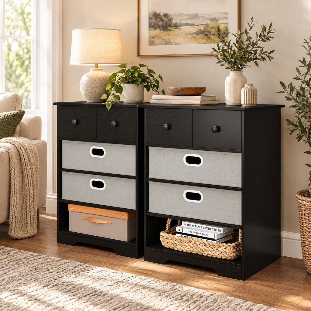 Airfind 4-Drawer Dresser Modern Chest Storage Organizer with Open Shelves, 100 lbs Capacity, Engineered Wood MDF Fabric Frame, Black