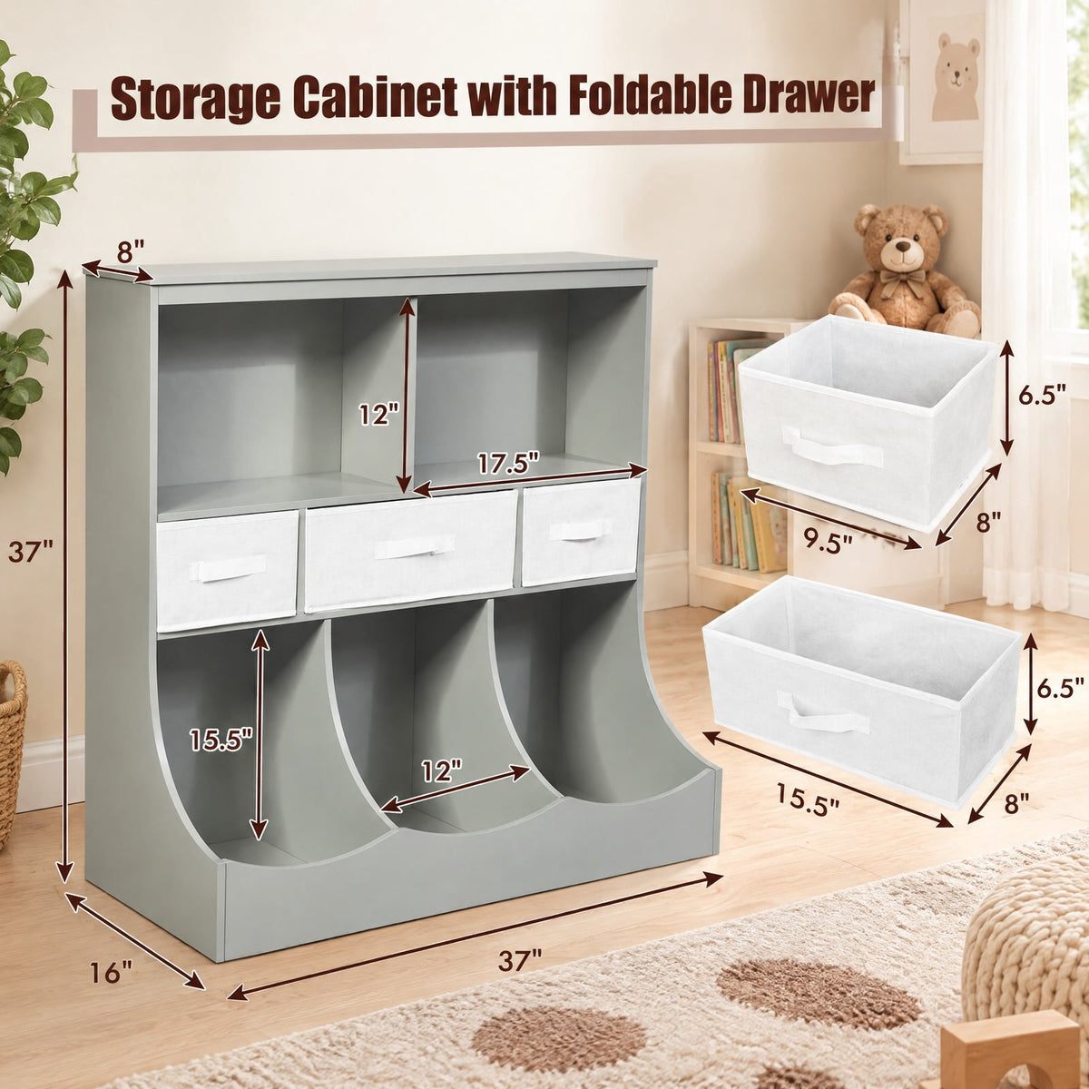 Airfind Freestanding Combo Cubby Bin Storage Organizer Unit W/3 Baskets, 66 lbs Capacity, 37 x 16 x 37 (L x W x H) Big drawer Footprint, Gray