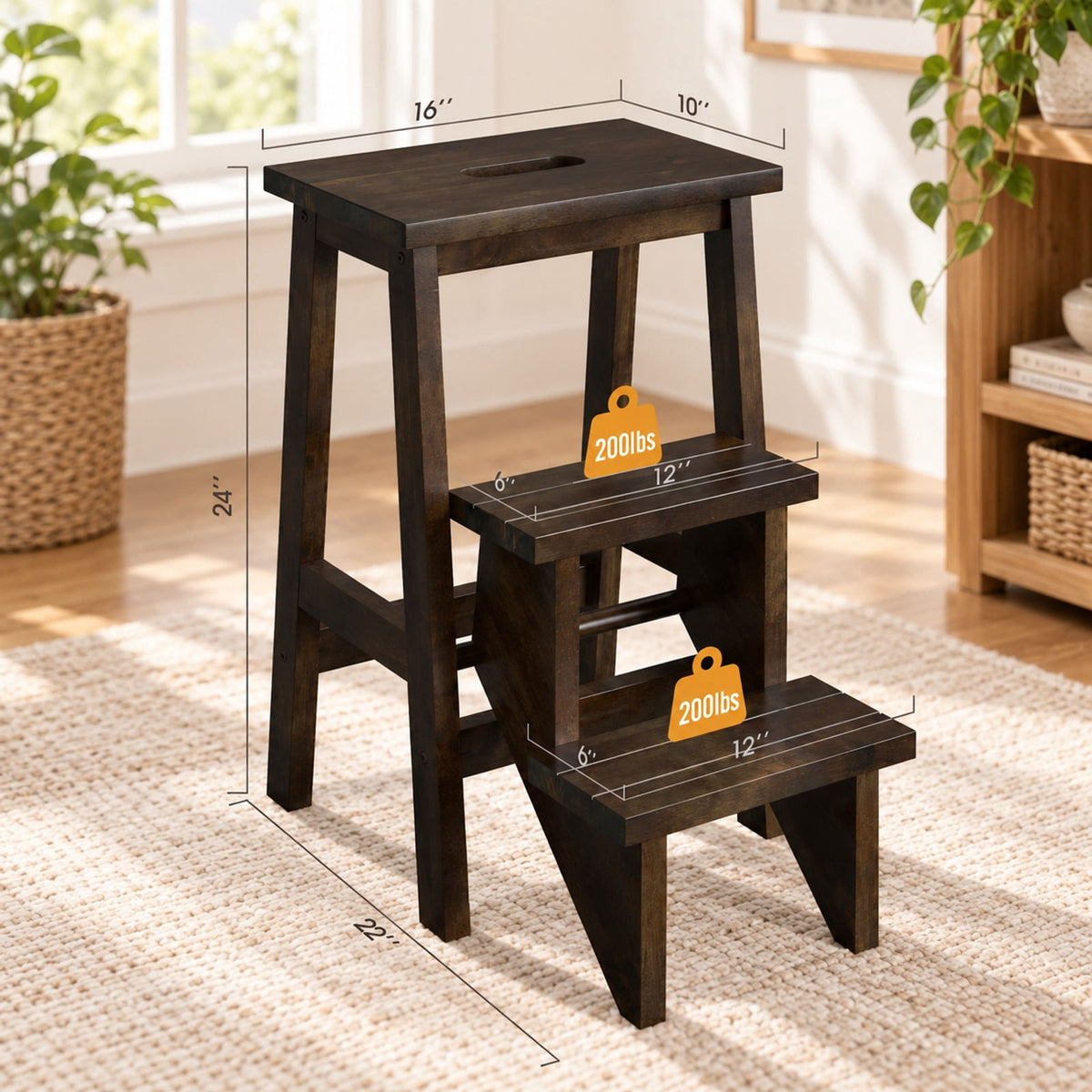 Airfind 3-in-1 Rubber Wood Step Stool with Convenient Handle, Rubber wood Frame, 22 x 16 x 24 Footprint, Brown
