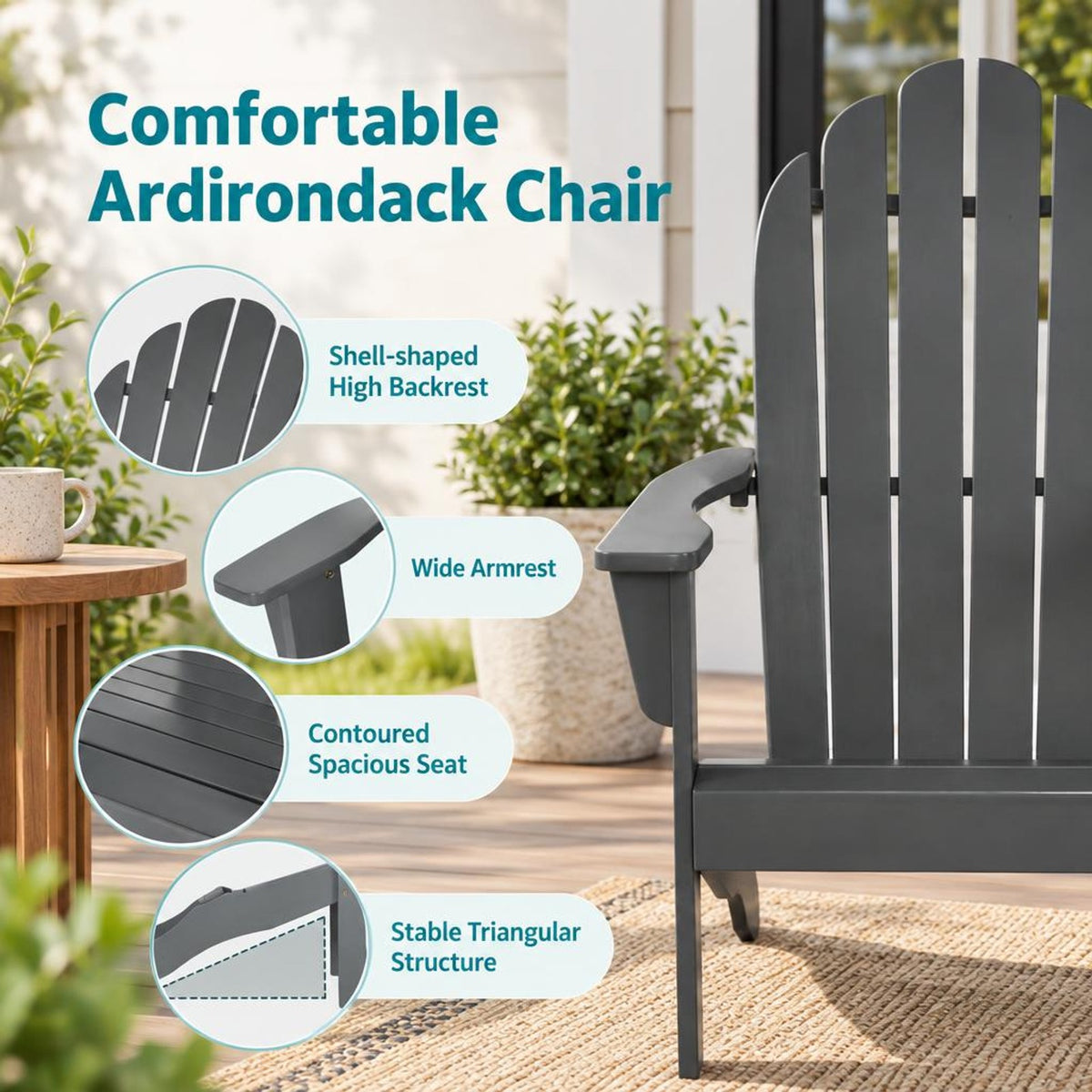 Airfind Acacia Wood Outdoor Adirondack Chair with Ergonomic Design, Acacia wood Frame, Gray, Overall dimension 27 x 35 x 40.5 (L x