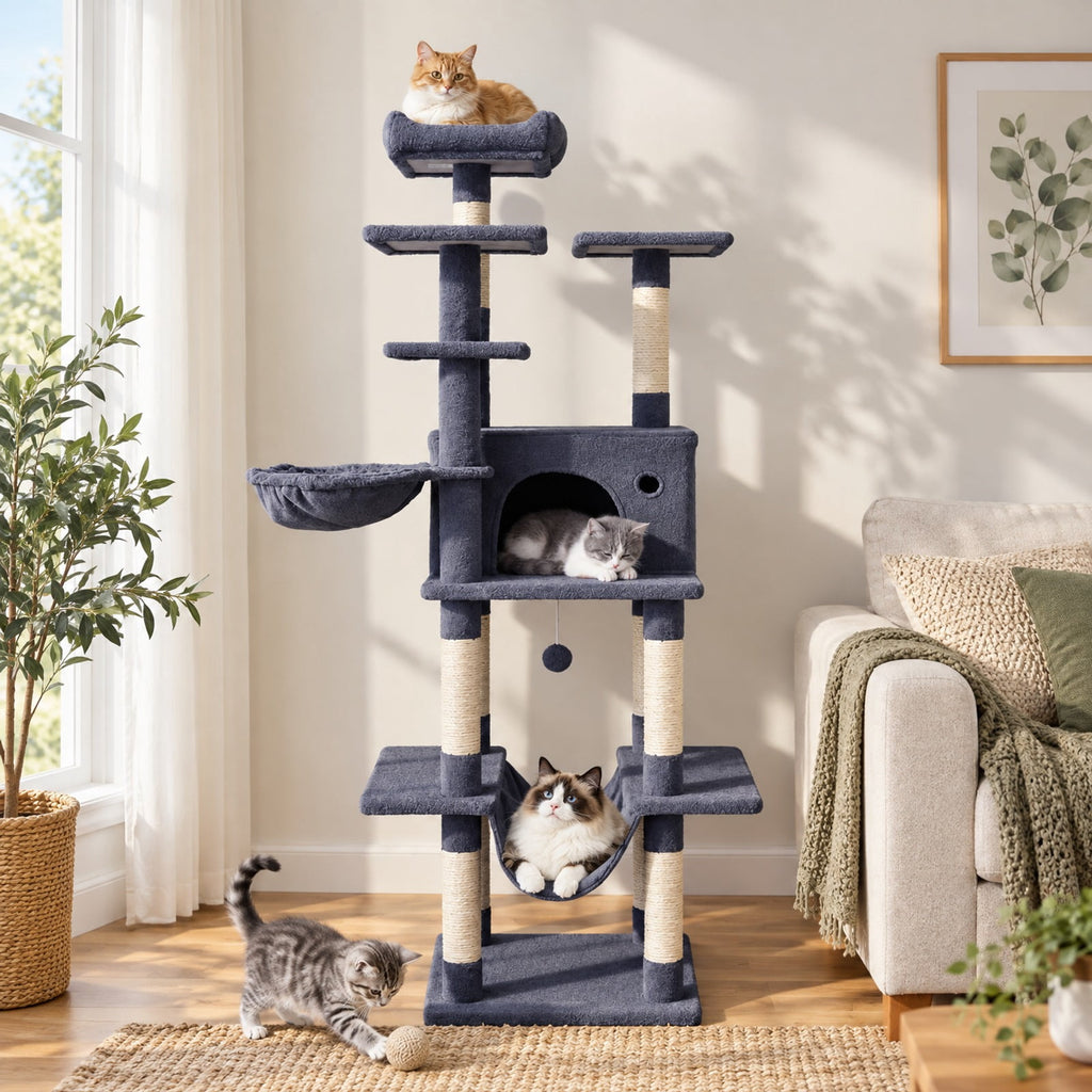 Airfind Large Cat Tree for Indoor Cats 63 Inch Tall Cat Tower, Plush Fabric Sisal Engineered Wood Base Frame, Dark Gray