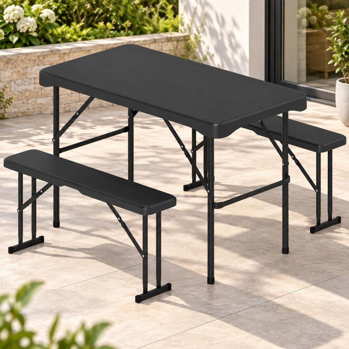 Airfind Outdoor Folding Table Bench Set w All-Weather HDPE Tabletop and Sturdy Metal Frame, 120 kg Capacity, HDPE Metal Frame, Black