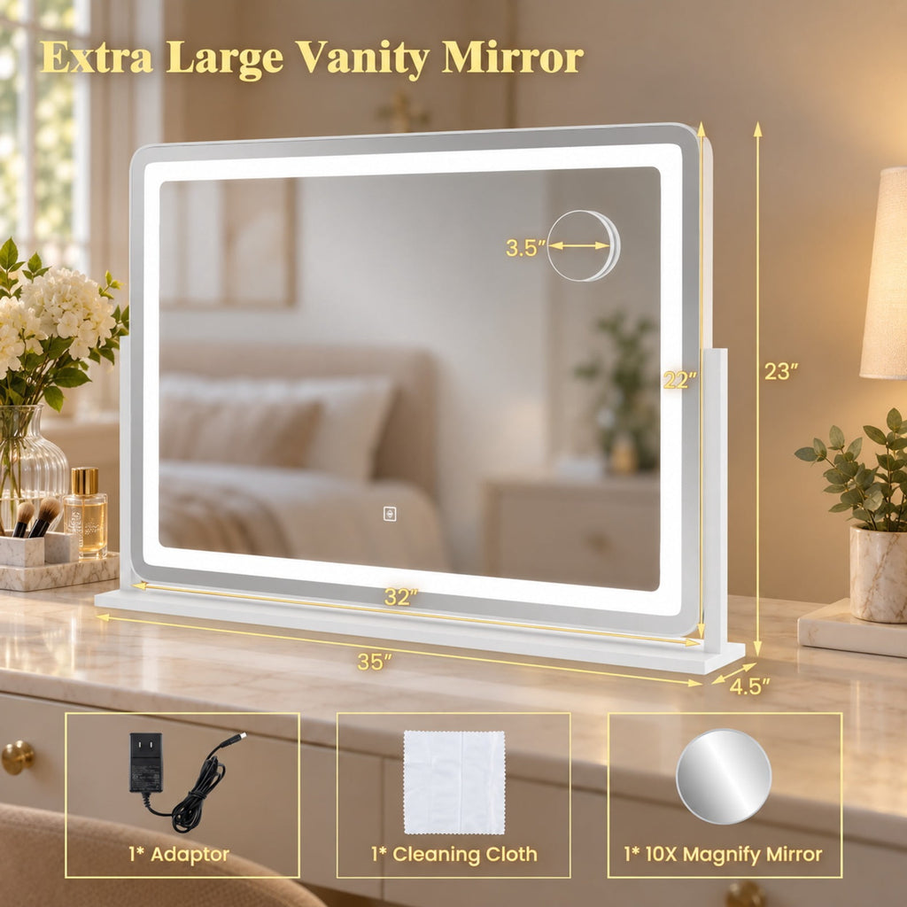 Airfind 32 x 22 Inch Large Makeup Vanity Mirror with 3-Color Lighting Mode, Copper-free Silver Mirror Aluminum Metal MDF Frame, White