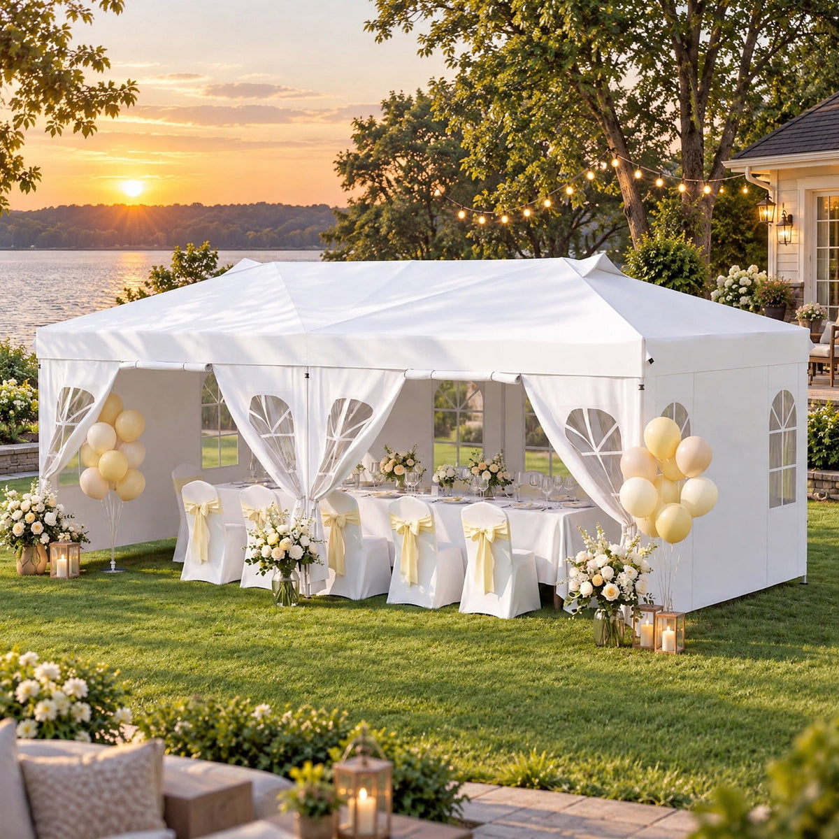 Airfind 10 x 20 FT Pop Up Canopy Tent with 6 Sidewalls and Adjustable Height, PE Metal Fabric Frame, 20 x 10 x 8.5/8.2/7.9 ft Footprint, White
