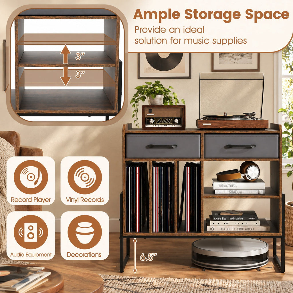 Airfind Large Record Player Stand with Charging Station Mid Century Modern Vinyl Storage Cabinet, 209 lbs Capacity, 30in x 14in x 27in Inside Footprint