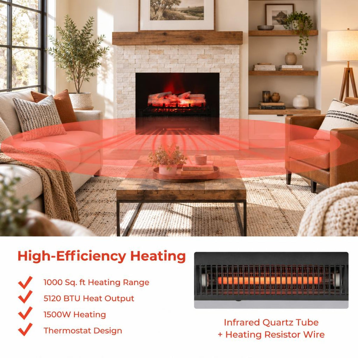 Airfind 20 Inch Electric Fireplace Heater with Realistic Birchwood Ember Bed, Black, Easy to operate with functional control panel