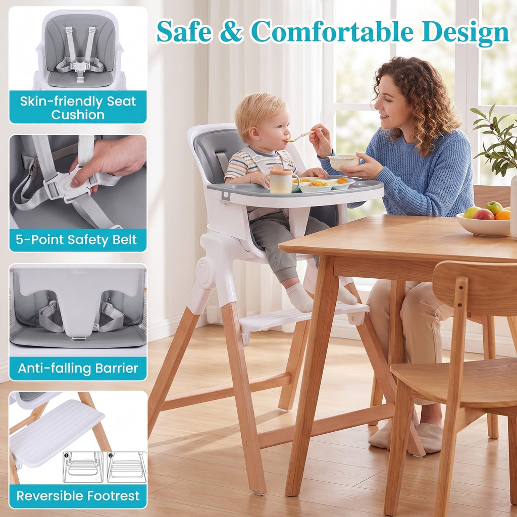 Airfind 4-in-1 Convertible Baby High Chair with Detachable Adjustable Tray, Beech Wood Legs