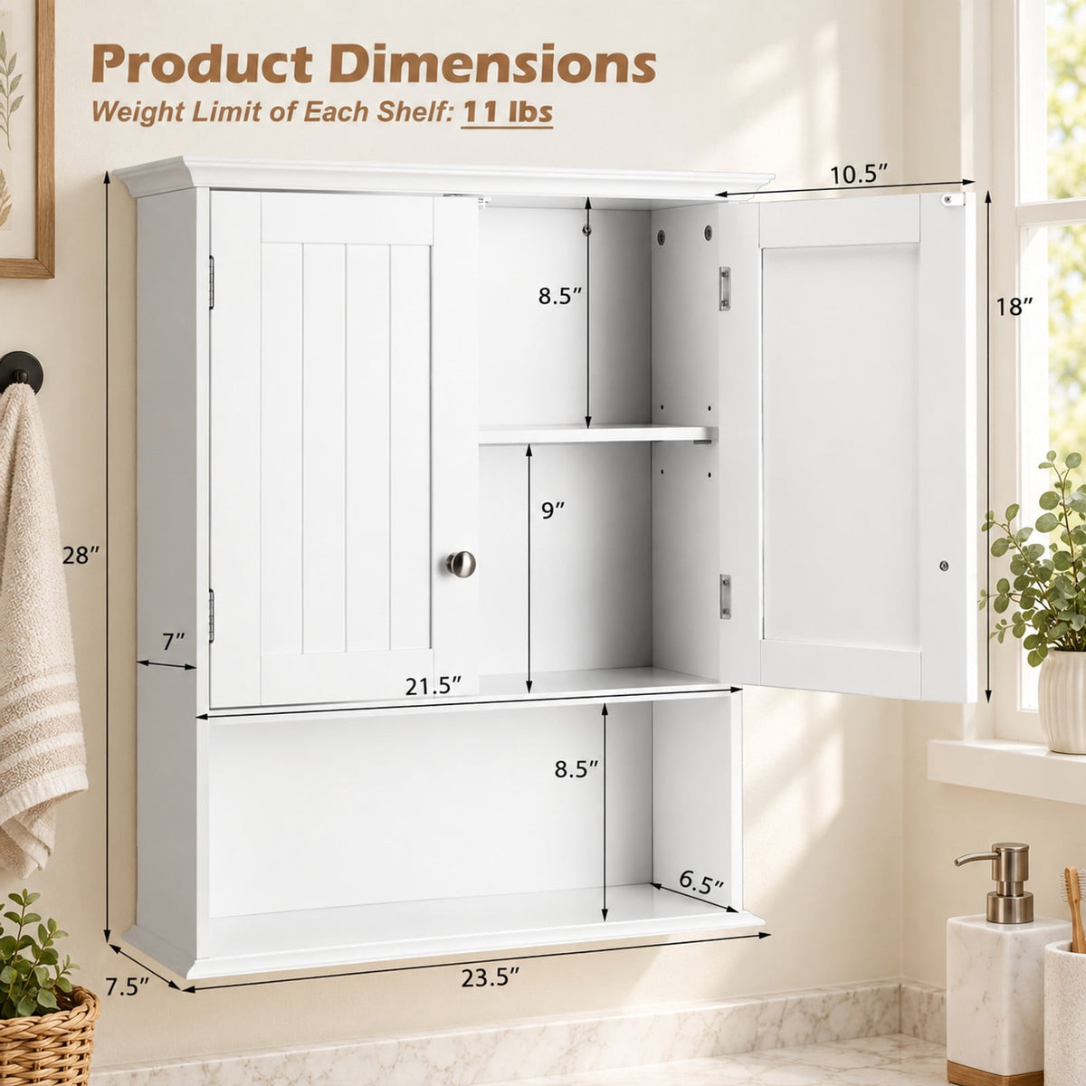 Airfind Wall Mount Bathroom Cabinet Storage Organizer with Doors and Shelves, MDF Metal Frame, White