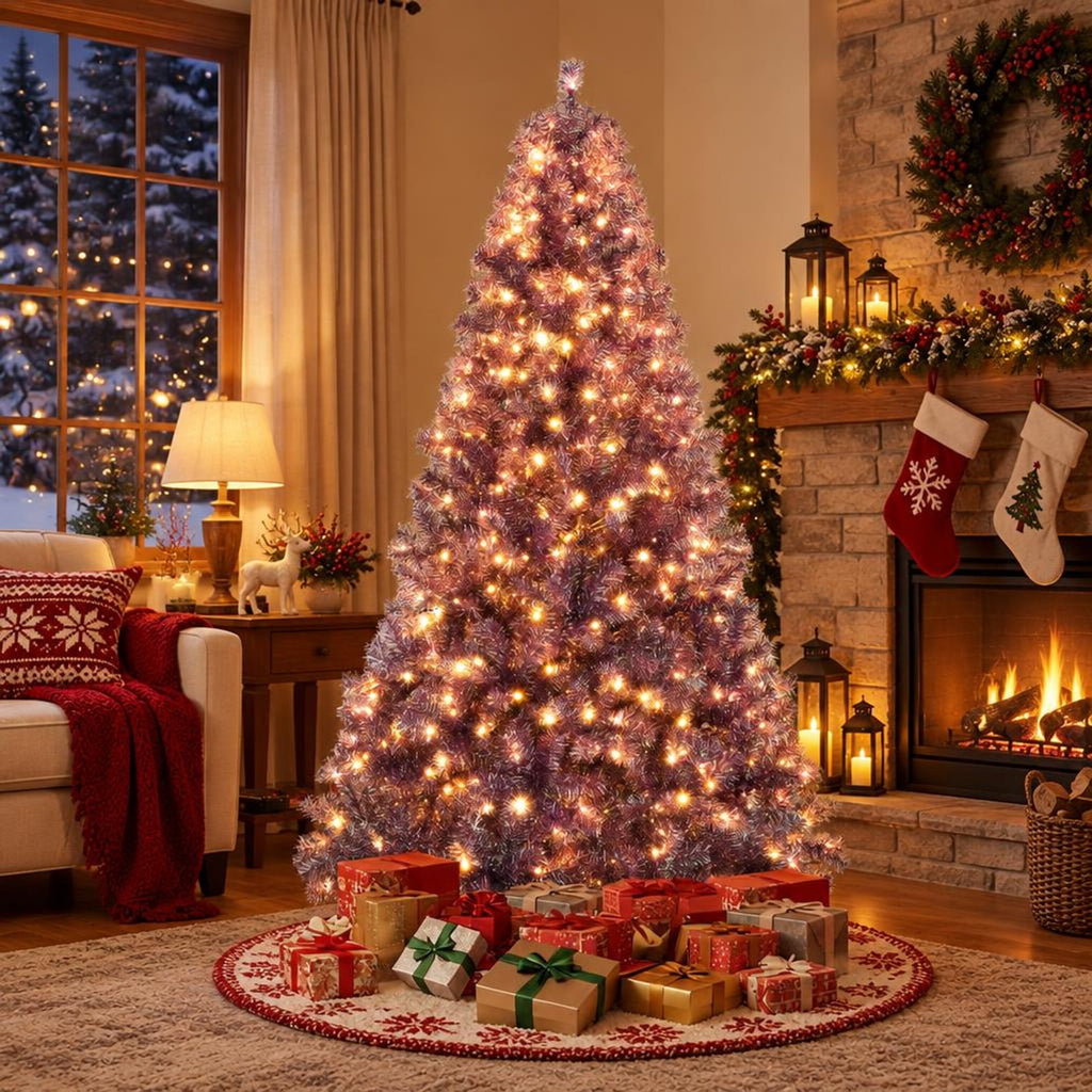 Airfind 7.5 FT Pre-Lit Purple Tinsel Christmas Tree with Warm White LED Lights, PVC and PET Artificial Fir Tree with Metal Stand, Purple