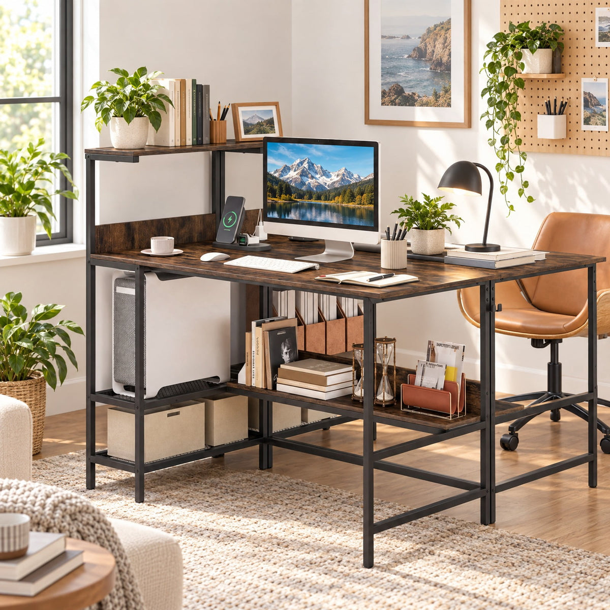 Airfind 48 Inch Computer Desk with Power Outlets and Storage Shelves, 88 lbs Capacity, Engineered Wood Metal Frame, 48 Inch x 23 Inch x 43.5 Inch Footprint