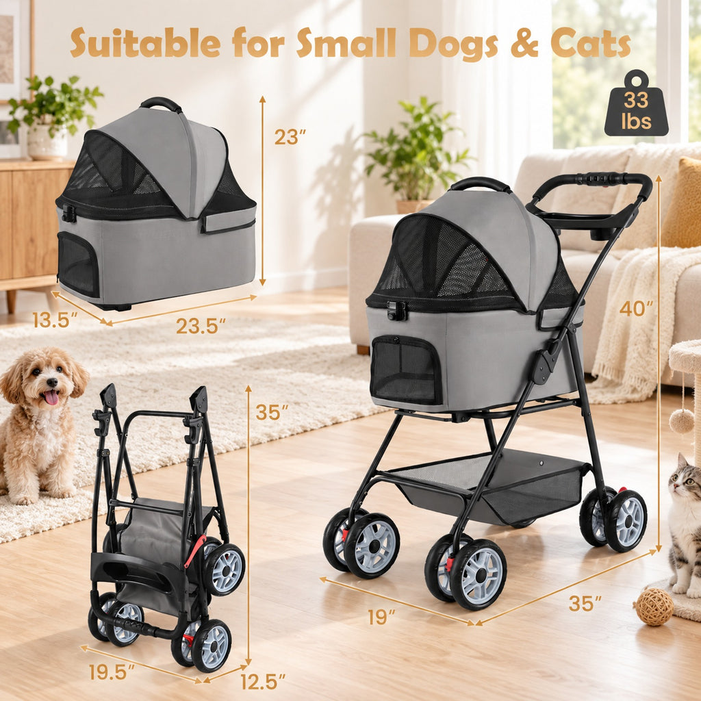 Airfind 3 in 1 Pet Stroller with Removable Carrier up to 33 lbs, 33 lbs Capacity, 300D Oxford Cloth Metal Mesh Sponge PU PP Frame, Gray