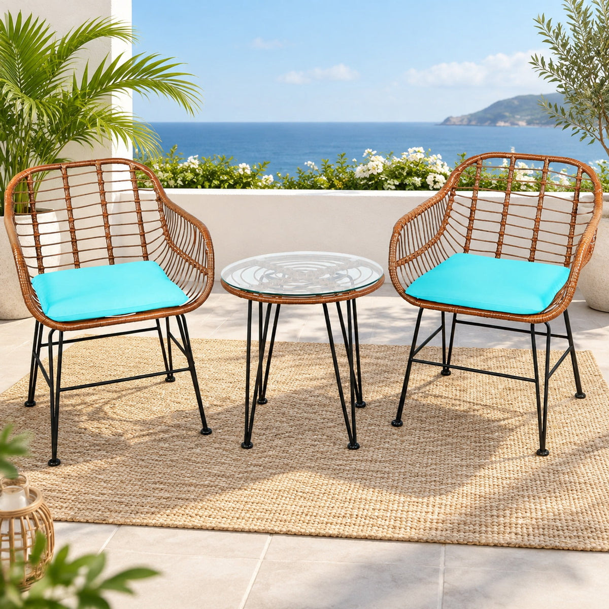 Airfind 3 Pieces Patio Rattan Bistro Set with Cushion, 170 lbs Capacity, Steel Rattan Sponge Polyester Frame, 22.5 Inch x 24 Inch x 31.5 Inch Footprint