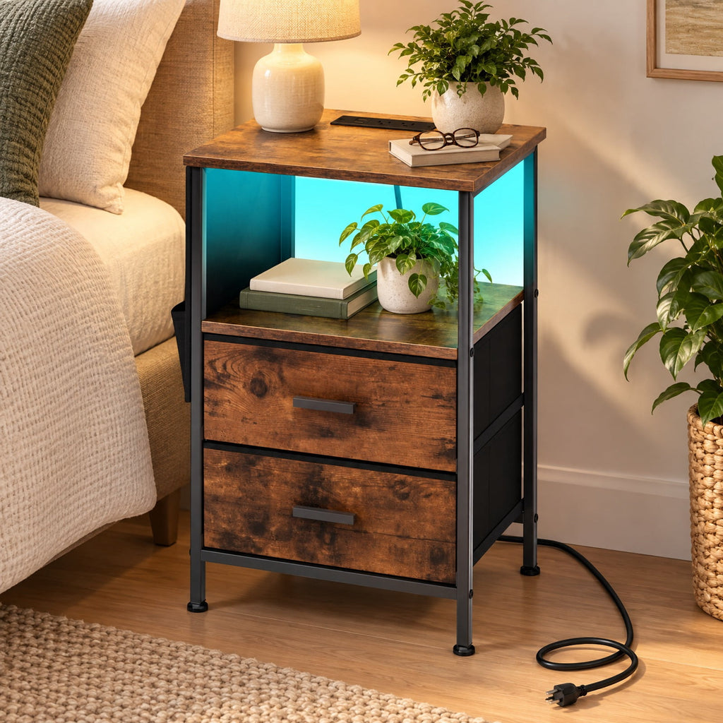 Airfind End Table with Charging Station Set of 2 Nightstand with 2 Folding Fabric Drawers, 110 lbs Capacity, Rustic Brown + Black