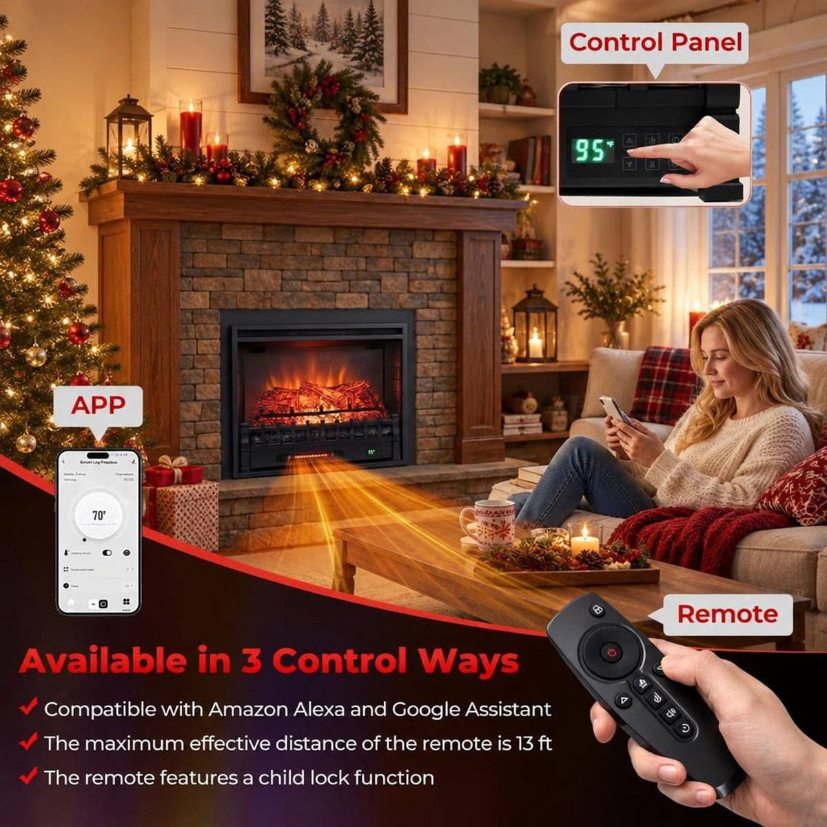 Airfind 26 Inch WiFi Infrared Quartz Electric Fireplace Insert Logs Heater with Realistic Pinewood Logs, Cold-rolled Steel ABS Resin Frame, Black