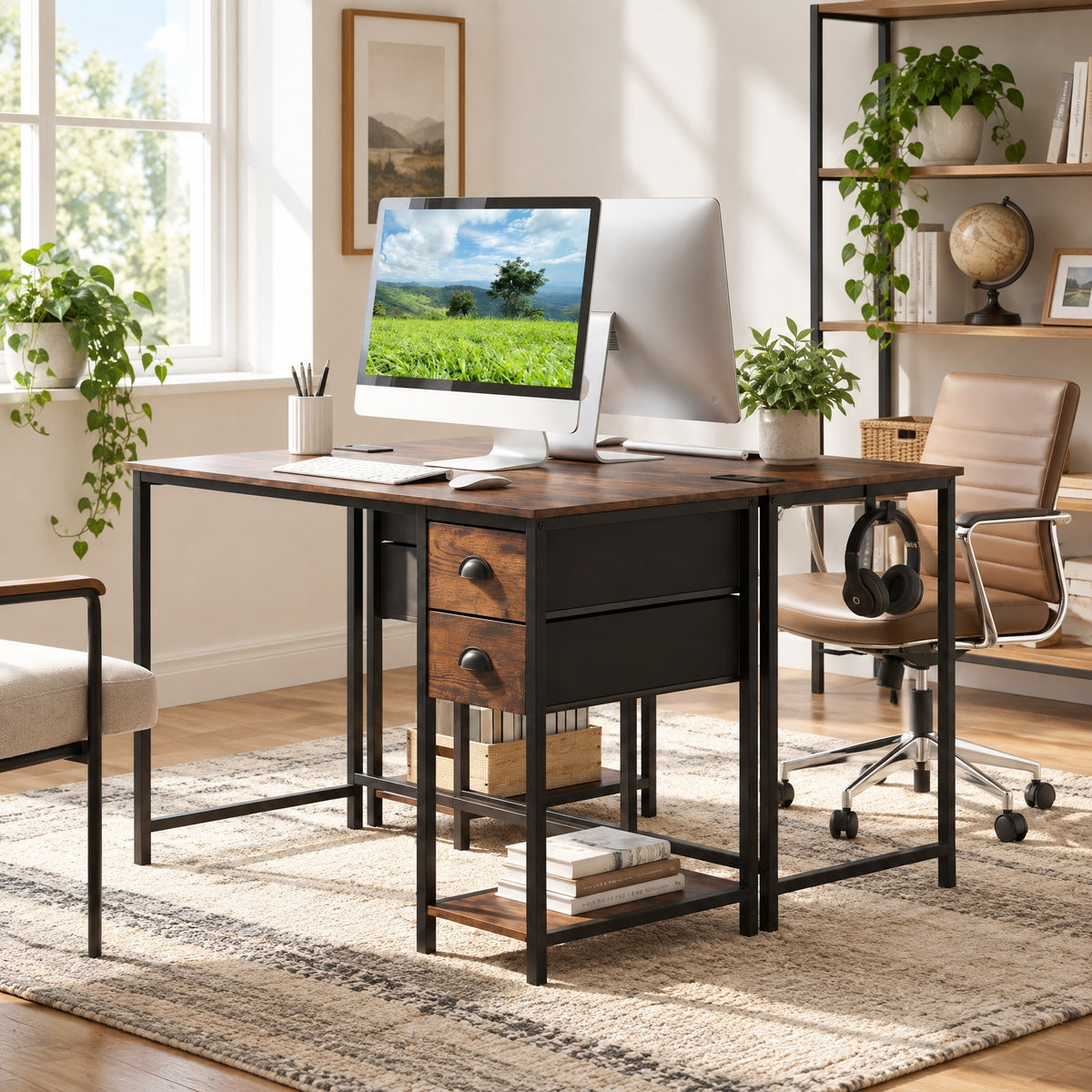 Airfind Computer Desk with Charging Station and 2 Fabric Drawers for Small Spaces, 110 lbs Capacity, Engineered Wood MDF Metal Fabric Frame, Brown