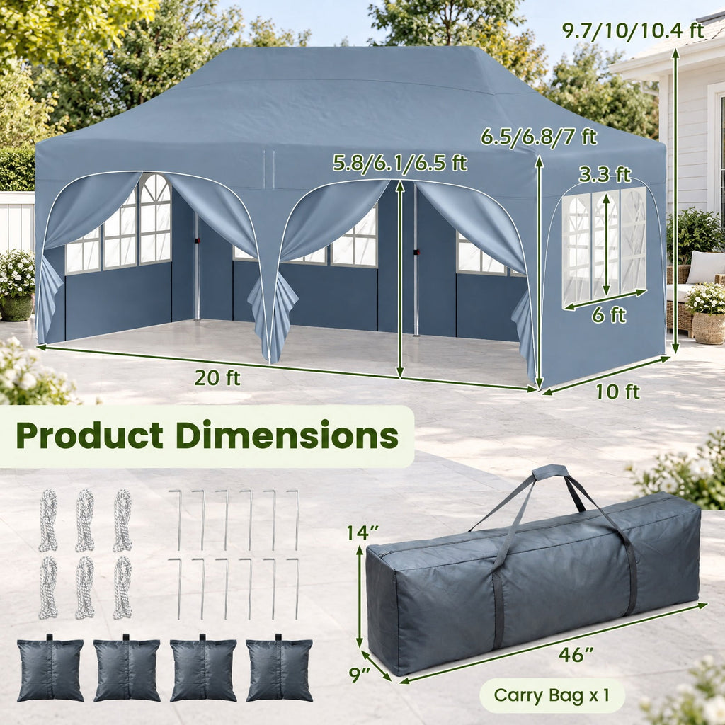 Airfind Pop Up Canopy Tent with 6 Removable Sidewalls for Patio, Metal Frame, 10 x 20 x 10.4 Footprint, Gray