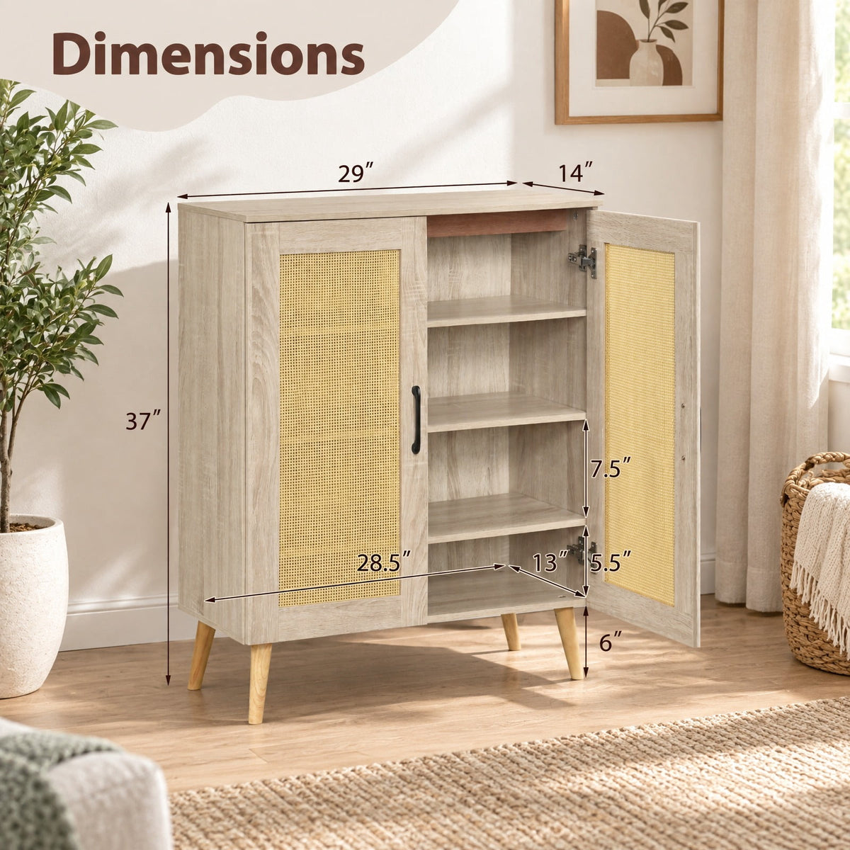 Airfind 5-Tier Rattan Shoe Cabinet with 3 Removable Shelves, 155 lbs Capacity, Engineered Wood Rattan Rubber Wood Frame, 29.5 x 14x 37 Footprint