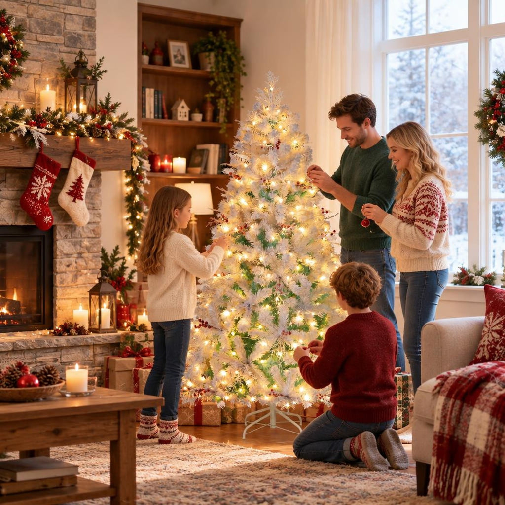 Airfind Pre-Lit Artificial Christmas Tree with Snow Flocked Branch Tips, PVC PE Metal Frame, 3.8 x 6 ft Footprint, White+Lake Blue