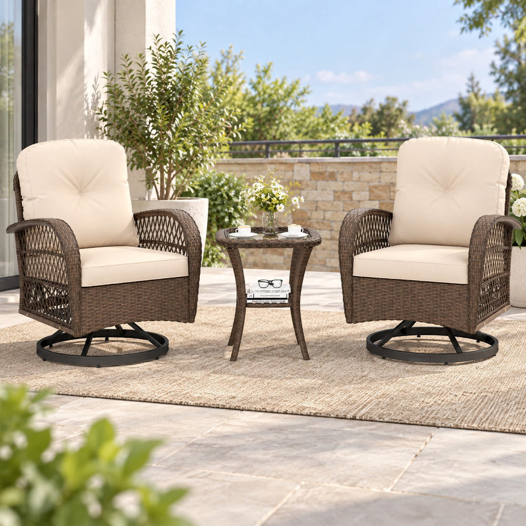 Airfind 3 Piece Patio Swivel Rocker Set with Tempered Glass Side Table and Thick Cushions, Seat 400 lbs Capacity, 33.5 x 29 x 35 Footprint, Brown