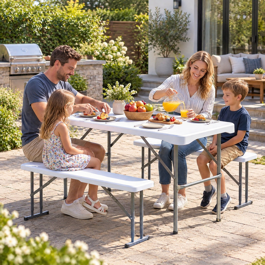 Airfind 44 Inch HDPE Folding Picnic Table Set with 2 Benches, 110 lbs Capacity, HDPE Metal Frame, 44 Inch x 24 Inch x28 Inch Footprint, White