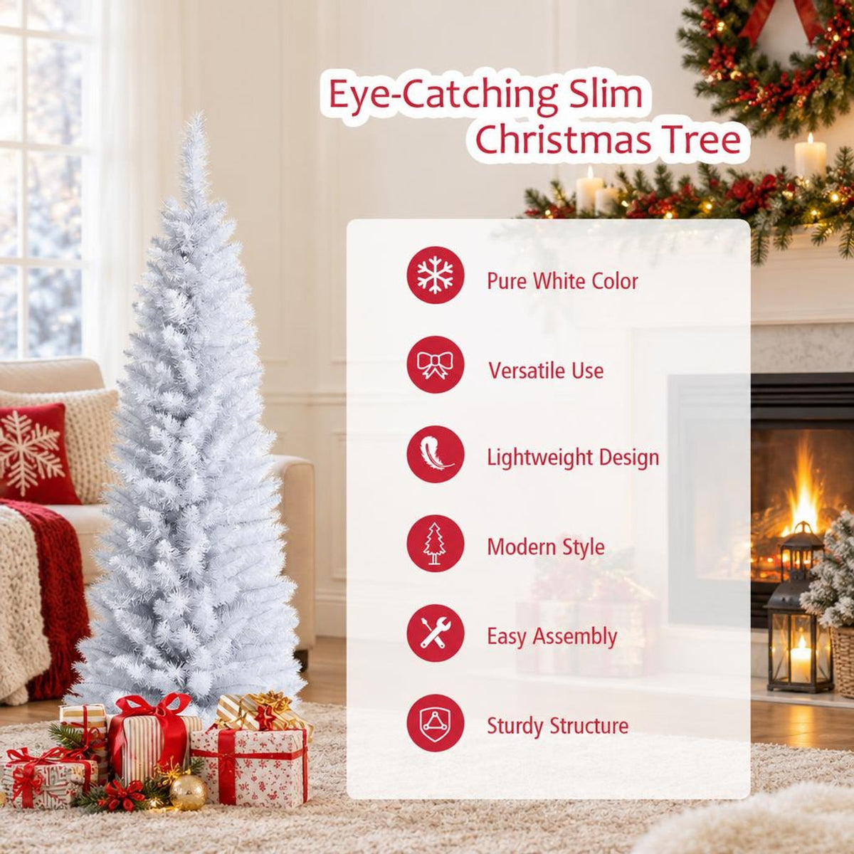 Airfind Slim Artificial Christmas Pencil Tree with PVC Needles and Folding Metal Stand-5ft, White, Branch tips create lush and dense appearance