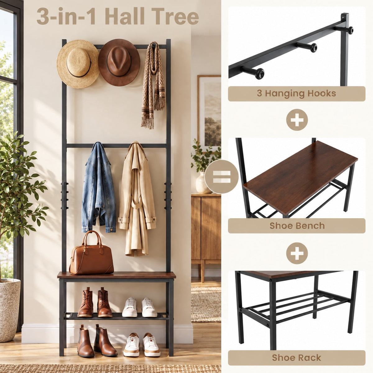 Airfind 3-in-1 Hall Tree Freestanding Entryway Bench with Hooks, 220 lbs Capacity, Metal Engineered Wood ABS Frame, Rustic Brown + Black
