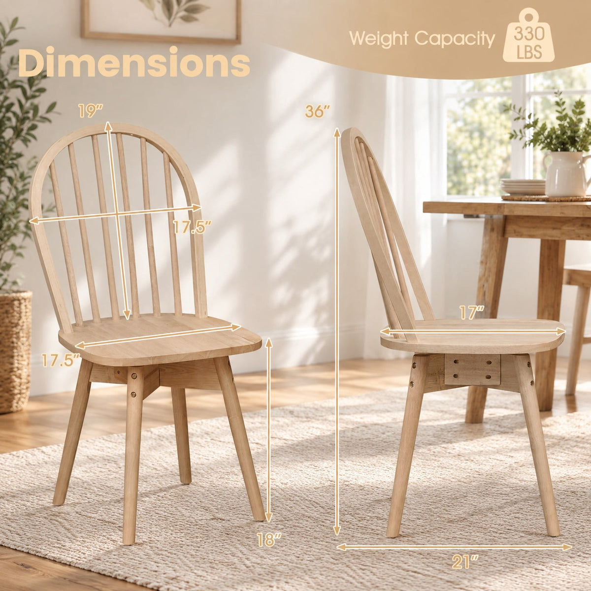 Airfind Dining Chairs, Swivel Windsor, Set of 2 with Solid Rubber Wood Frame, Chair 330 lbs Capacity, Rubber Wood Frame, 17.5 Inch x 21 Inch x 36 Inch, Natural