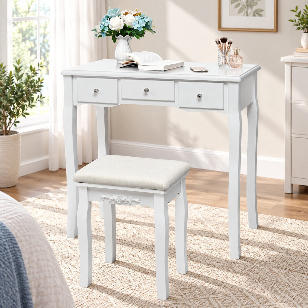 Airfind 10 Dimmable Light Bulbs Vanity Dressing Table with 2 Dividers and Cushioned Stool, 286 lbs Capacity, MDF Frame, White