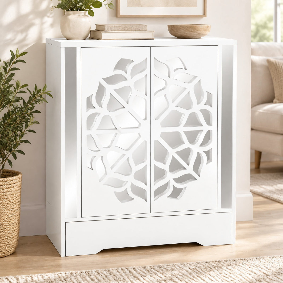 Airfind Mirrored Shoe Cabinet 4-Tier Shoe Organizer with Large Drawer, MDF Engineered Wood Frame, 31 x 16 x 37 inch Footprint, White