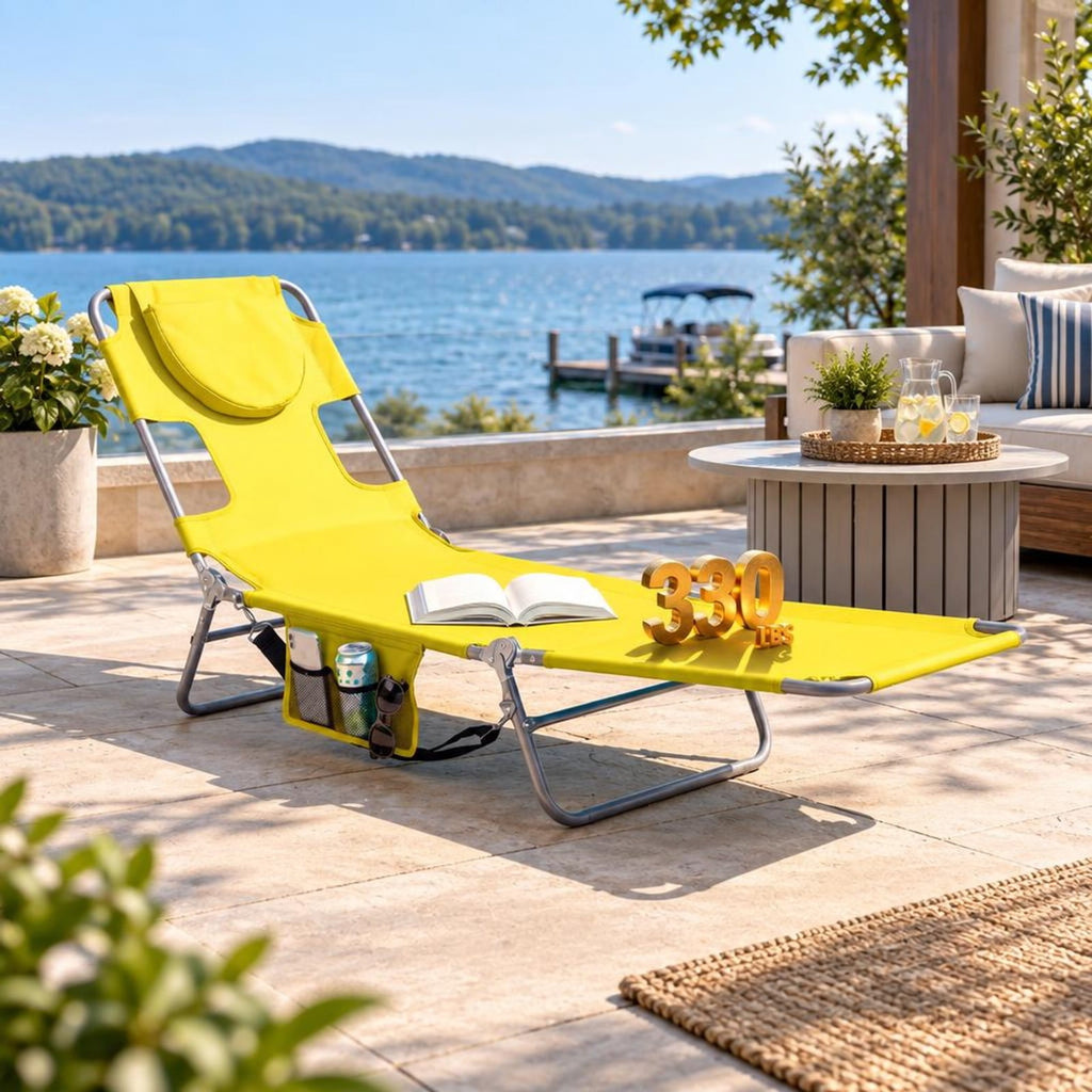 Airfind Folding Beach Lounge Chair with Adjustable Backrest for Lawn, 330 lbs Capacity, Metal Oxford Fabric Polyester Sponge Frame, Yellow