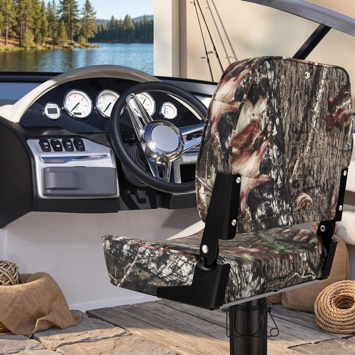Airfind Folding Low Back Boat Seats 2 Pack with Thick Sponge Padding and Aluminum Hinges for Fishing and Jon Boats, Camouflage