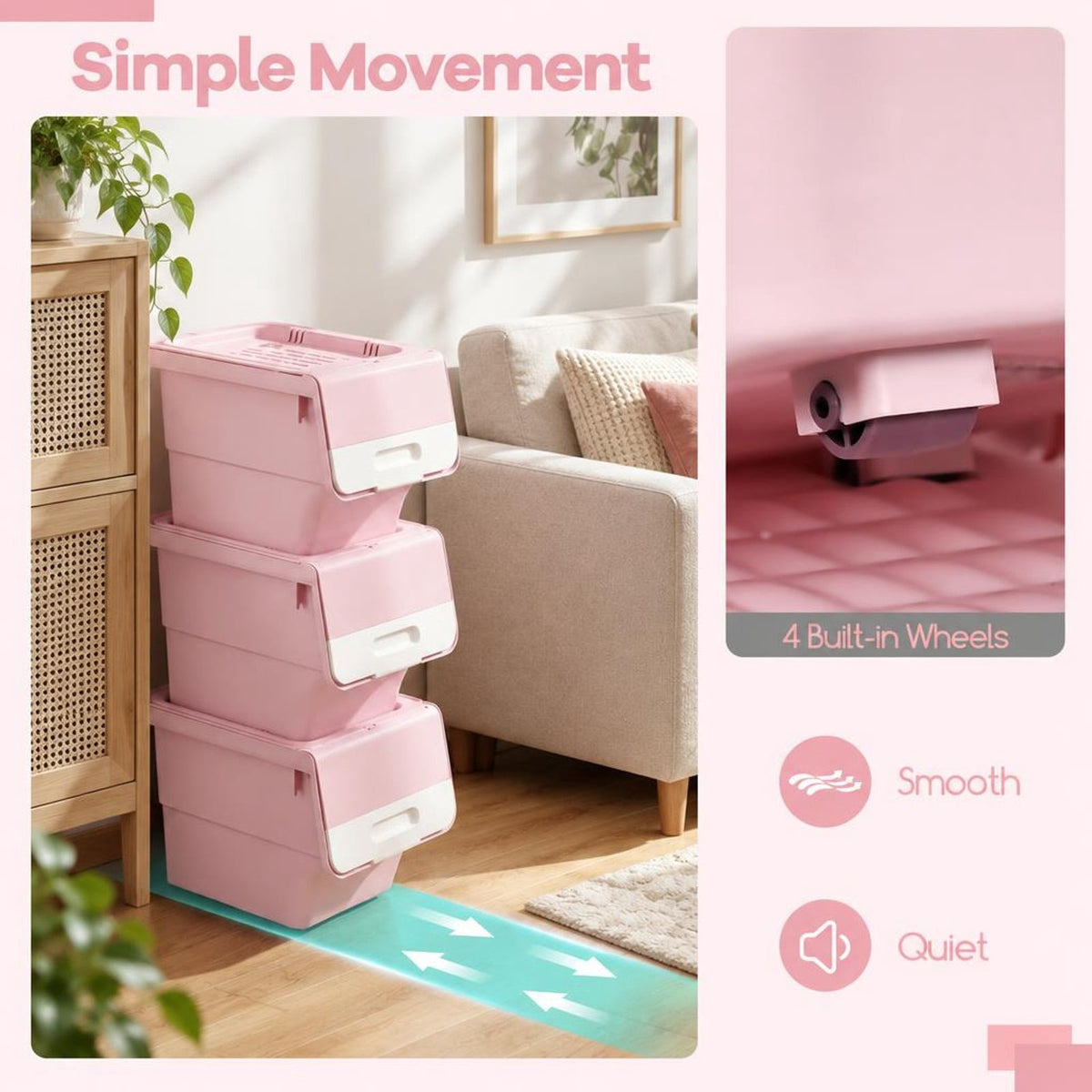 Airfind 3 Pieces Storage Bins on Wheels Stackable Plastic Boxes with Stay-Open Lid (S), 13 lbs Capacity, PP Frame, Pink