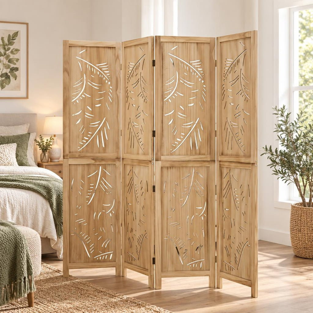 Airfind 4-Panel Wooden Room Divider with Palm Leaf Design and Paulownia Frame for Home, 67in x 16in x 3.5in Footprint, Natural