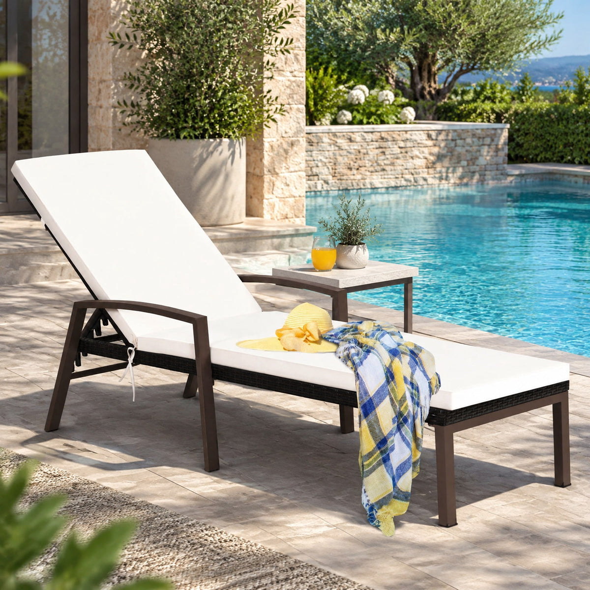 Airfind 2 Pieces Patio Rattan Adjustable Back Lounge Chair with Armrest and Removable Cushions, 400 lbs Capacity, Steel Rattan Frame, White