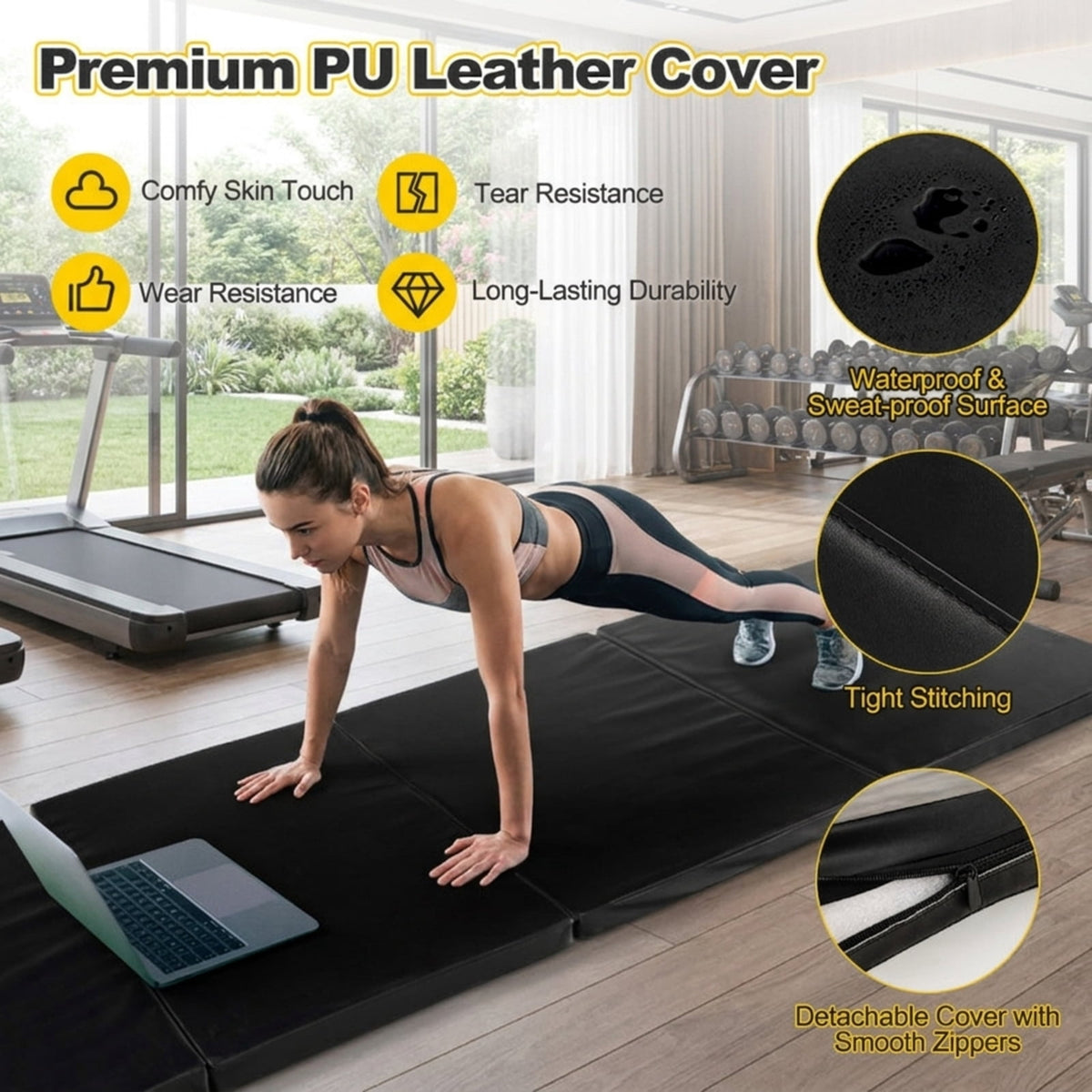 Airfind Folding Gymnastics Mat with Detachable Sweatproof PU Leather Cover and Carry Handles, Thick Foam Tumbling Exercise Mat, Black