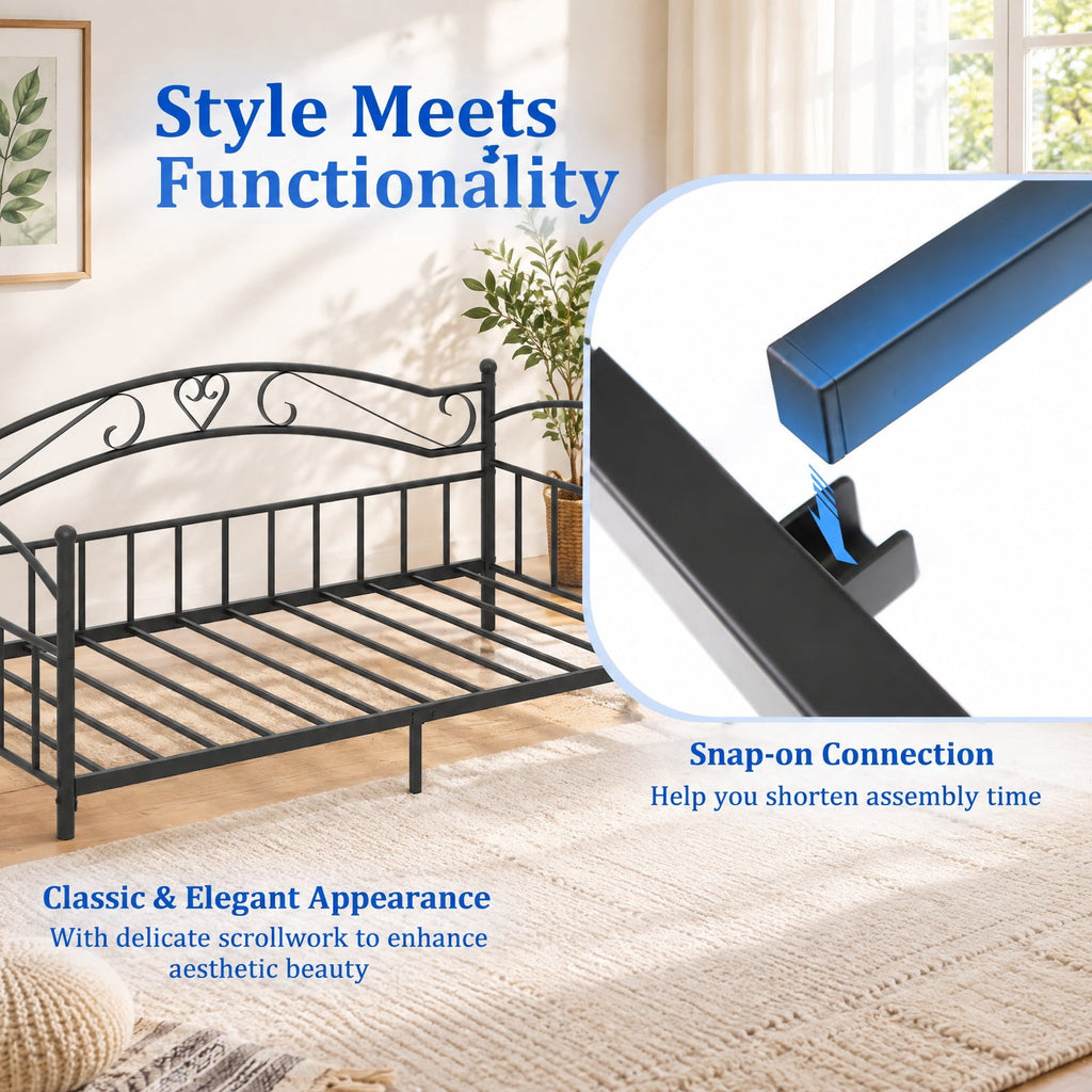 Airfind Twin Size Metal Daybed Frame with Headboard for Bedroom, 485 lbs Capacity, Metal Frame, 78 x 41.5 x 34.5 Footprint, Black