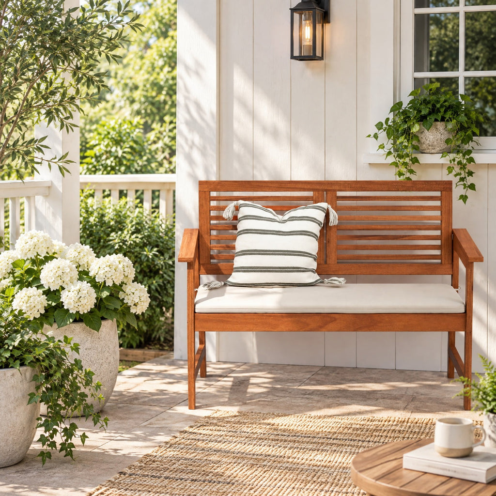 AIRFIND Outdoor Bench for 2 with Solid Wood Frame, Slatted Backrest and Tie-On Seat Cushion, 43.5 inch Patio Loveseat, Natural and Off White