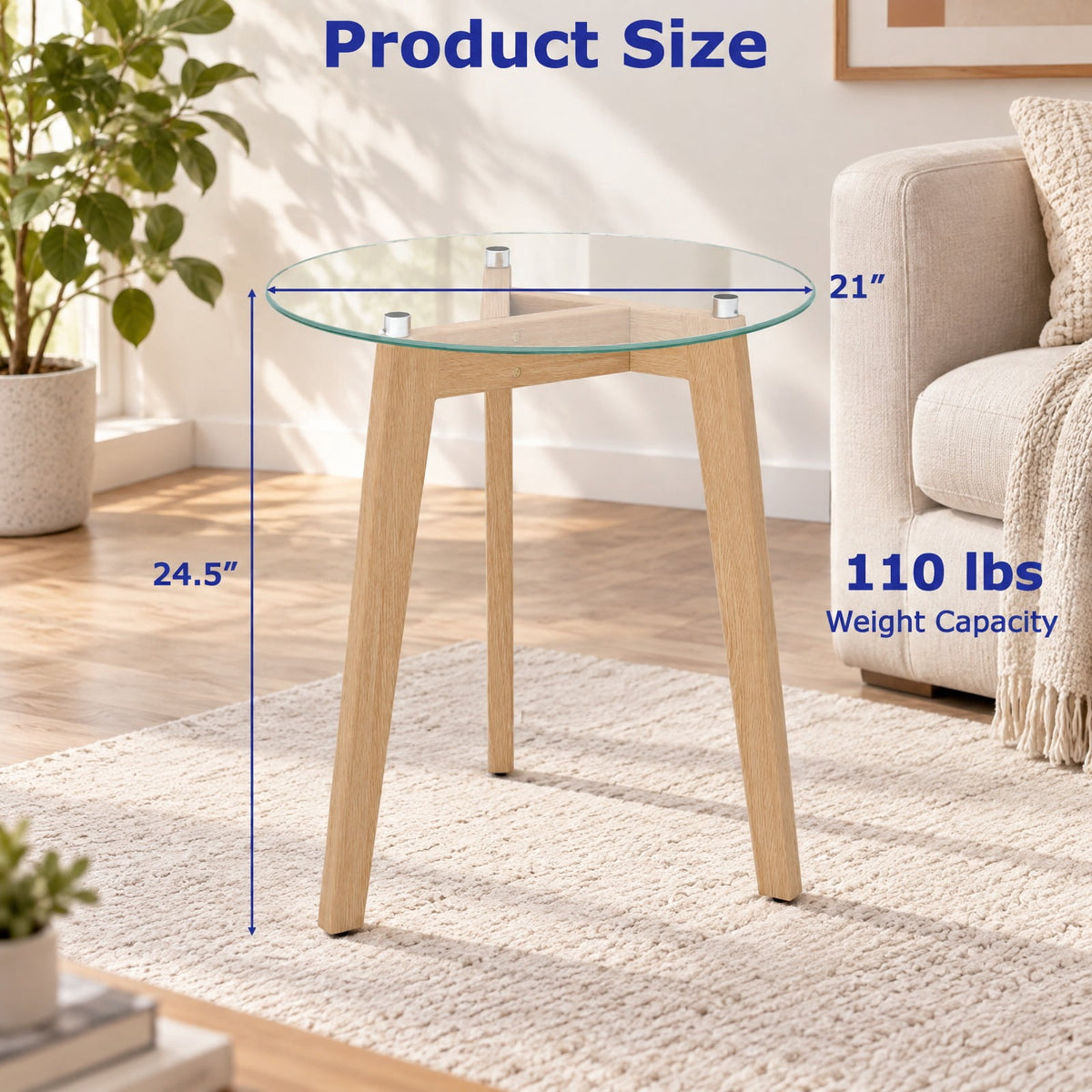 Airfind Tempered Glass End Table Round with Solid Rubber Wood Structure-Set of 2, 110 lbs Capacity, Tempered Glass Rubber Wood Plywood Frame