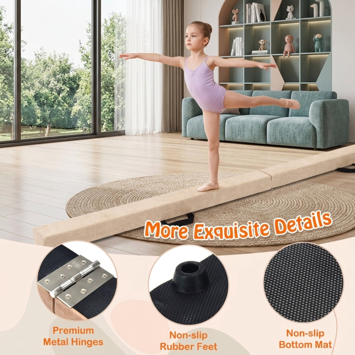Airfind Folding Balance Beam with Solid Wood Base and Anti Slip Bottom for Kids Gymnastics Practice and Home Training, Beige