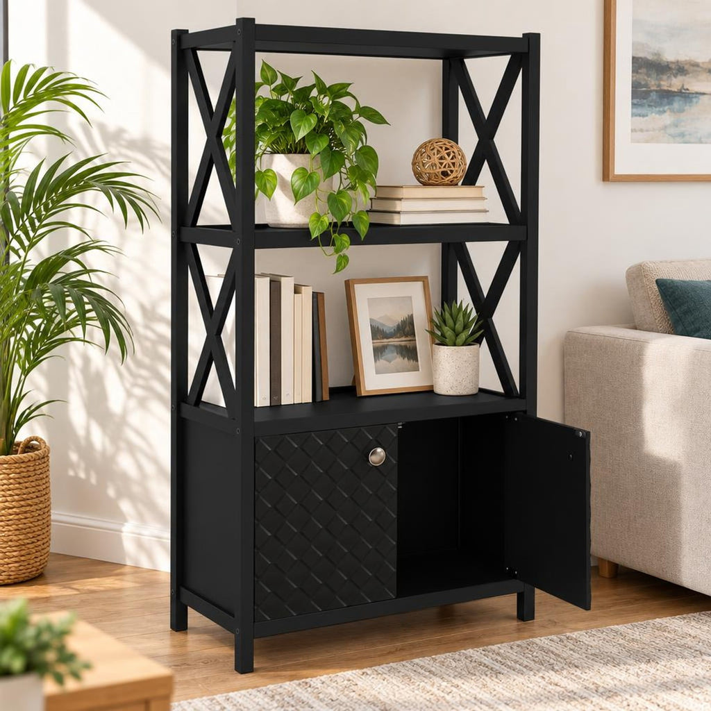 Airfind Bathroom Storage Cabinet with Open Shelves and Double Doors, 88 Lbs Capacity, Rubber Wood Mdf, 25 Inch X 12 Inch X 47 Inch, Black