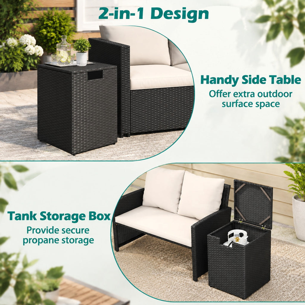 Airfind Rattan Propane Tank Cover Patio Hideaway Tank Side Table, 80 lbs Capacity, PE Rattan Metal Frame, 16 x 16 x 22.5 Footprint, Black
