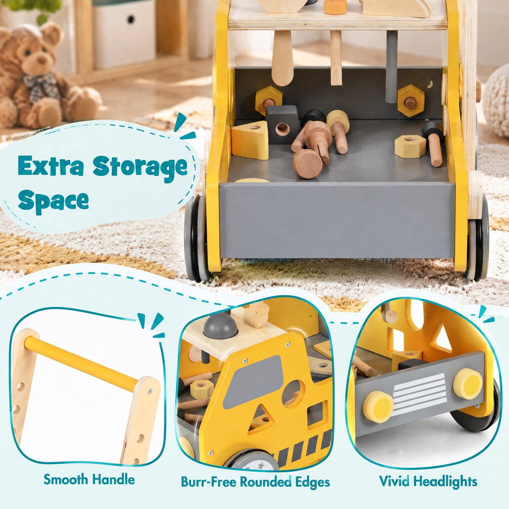 Airfind 2-in-1 Wooden Baby Walker with Adjustable Speed and Bottom Storage, MDF Frame, for 3+ Years Old, 16in x 12.5in x 16.5in Footprint, Yellow