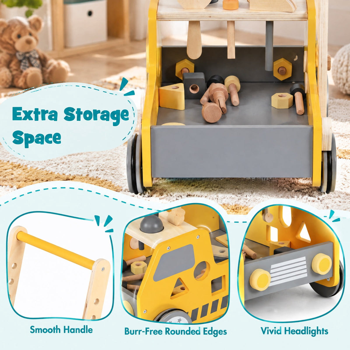 Airfind 2-in-1 Wooden Baby Walker with Adjustable Speed and Bottom Storage, MDF Frame, for 3+ Years Old, 16in x 12.5in x 16.5in Footprint, Yellow