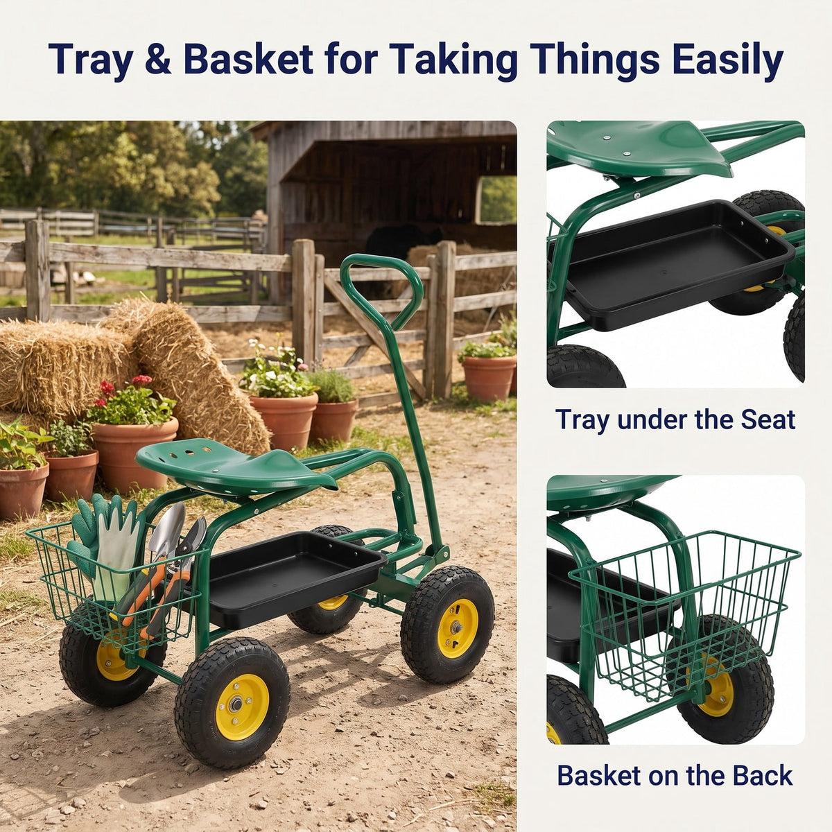 Airfind Red/Green Garden Cart Rolling Work Seat With Heavy Duty Tool Tray Gardening Planting, 33 x 16 x 22 Footprint, Green