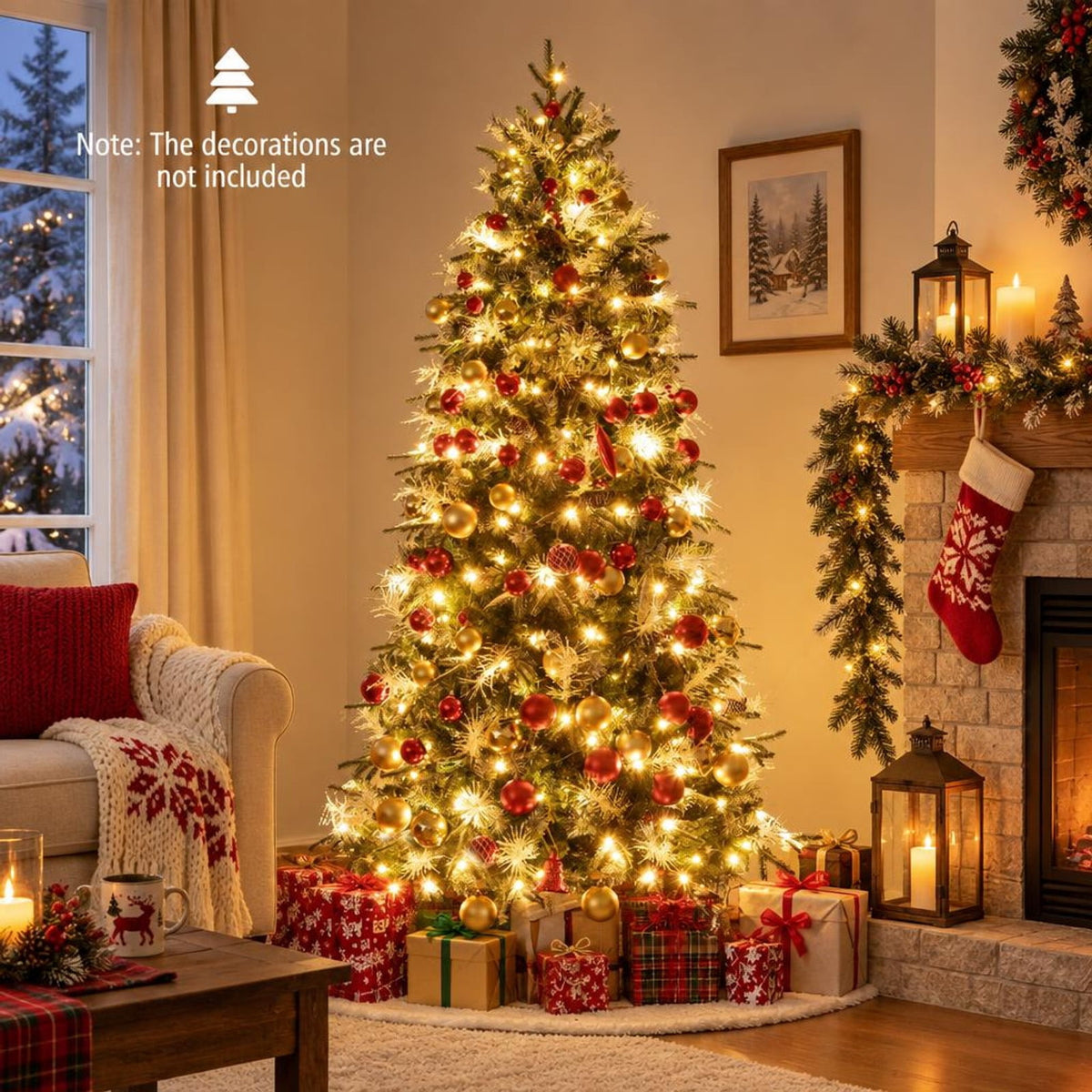 Airfind 7 Feet Pre-Lit Artificial Christmas Tree with 8 Modes LED Lights with Berries, PVC PE PET Metal 5 Feet Frame, 3 x 5 ft Footprint, Green