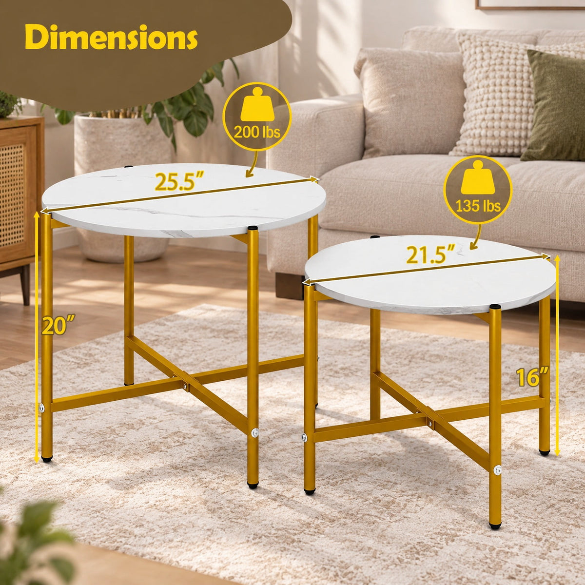 Airfind Round Coffee Table Set of 2 with Heavy-Duty Metal Frame, 200 lbs Capacity, Engineered Wood Metal Frame, 25.5 x 25.5 x 20 Footprint, White