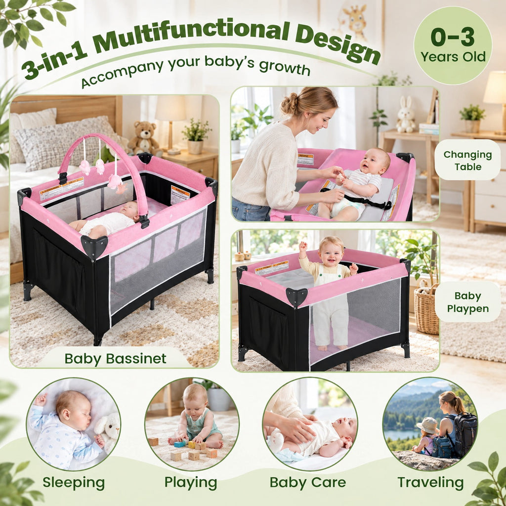 Airfind 3-in-1 Portable Baby Crib and Playpen with Changing Table, 19.8 lbs Capacity, Oxford Fabric PP Metal Mesh Cloth Frame, for 0-3 years old