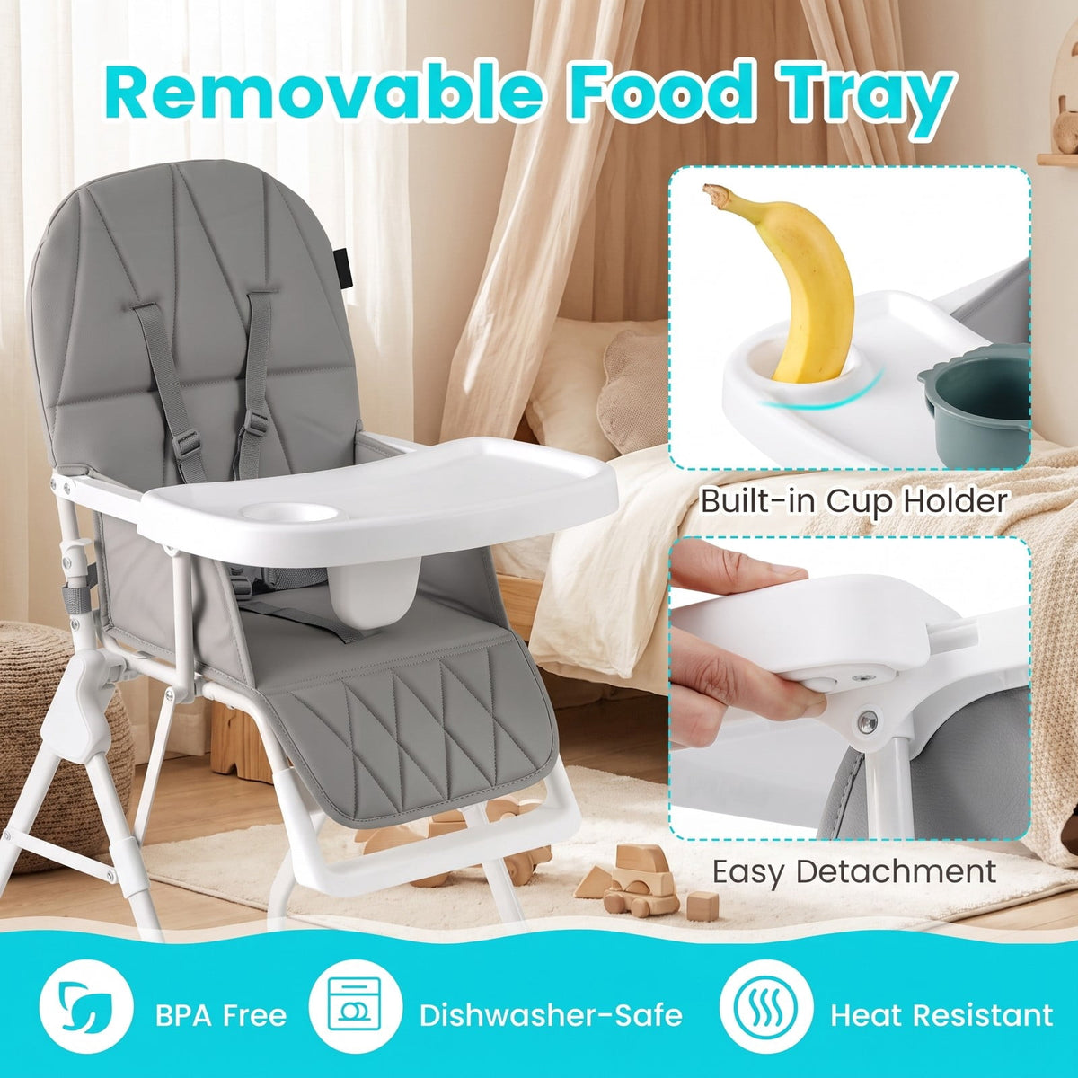 Airfind Easy Clean Compact Highchair with Removable Adjustable Tray and PU Seat Cushion, 33 lbs Capacity, PP Frame, for 6 months-3 years old, Gray