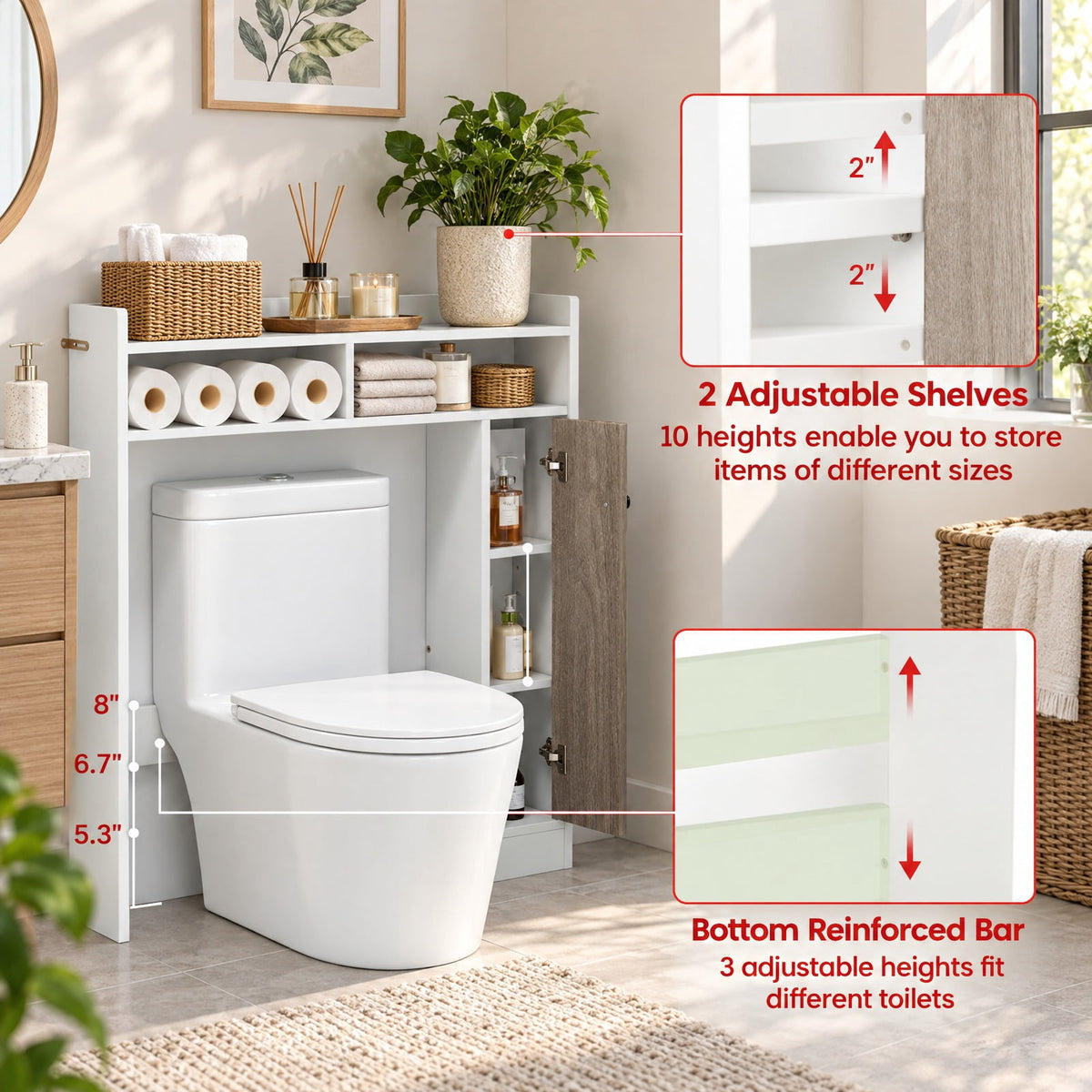 Airfind Bathroom Over the Toilet Floor Storage Organizer with Adjustable Shelves, 100 lbs Capacity, MDF Engineered Wood Frame, White