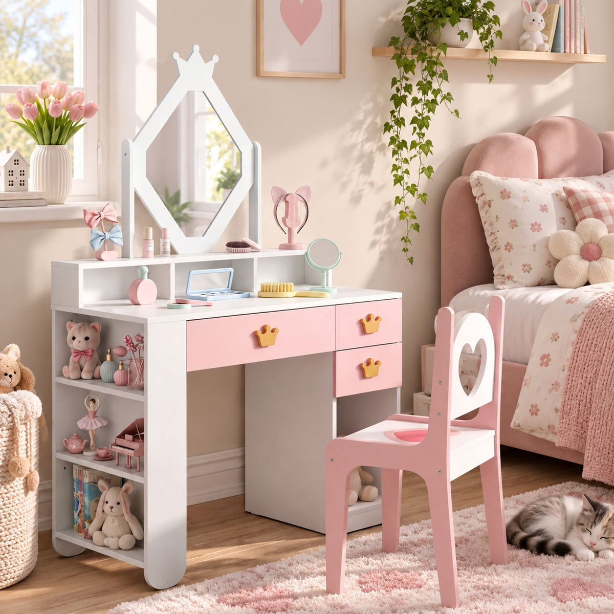 Airfind Kids Vanity Set with Crown Mirror and Chair for Girls, 110 lbsChair Capacity, 31.5in x 16in x 51inTabletop Footprint, White